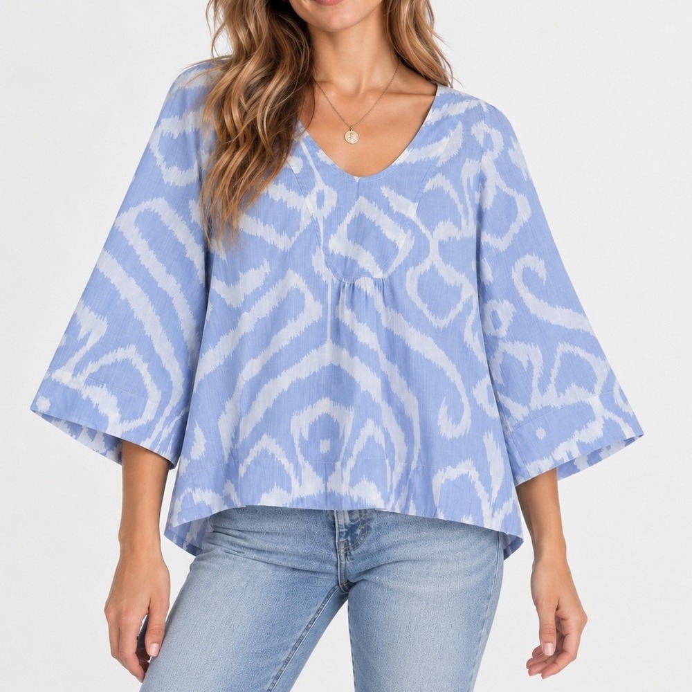 Anthropologie Blue White Ikat Cotton V-Neck Blouse 3/4 Sleeve Small